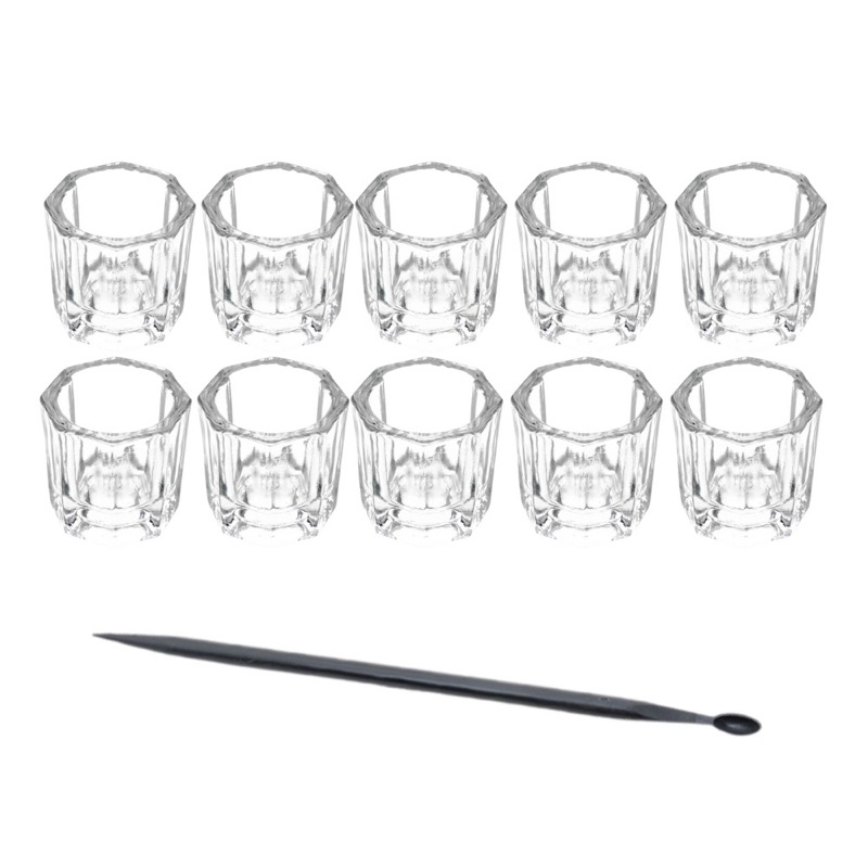 Kit 10 Copinhos de Vidro Dappen Para Unha e Design de Cilíos e Sombrancelha + Palito Plas Com Medidor de Henna e Tintura