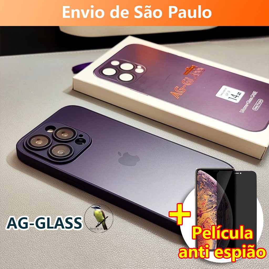 -Bemtevi-Kit Capinha AG-Glass com Película anti espião SPACE 2ª Geração Transparente Capinha iphone 11 capa iPhone 14 Plus Proteção De Lente De Câmera iphone 13 12 11 Plus Anti-Impacto proteço total