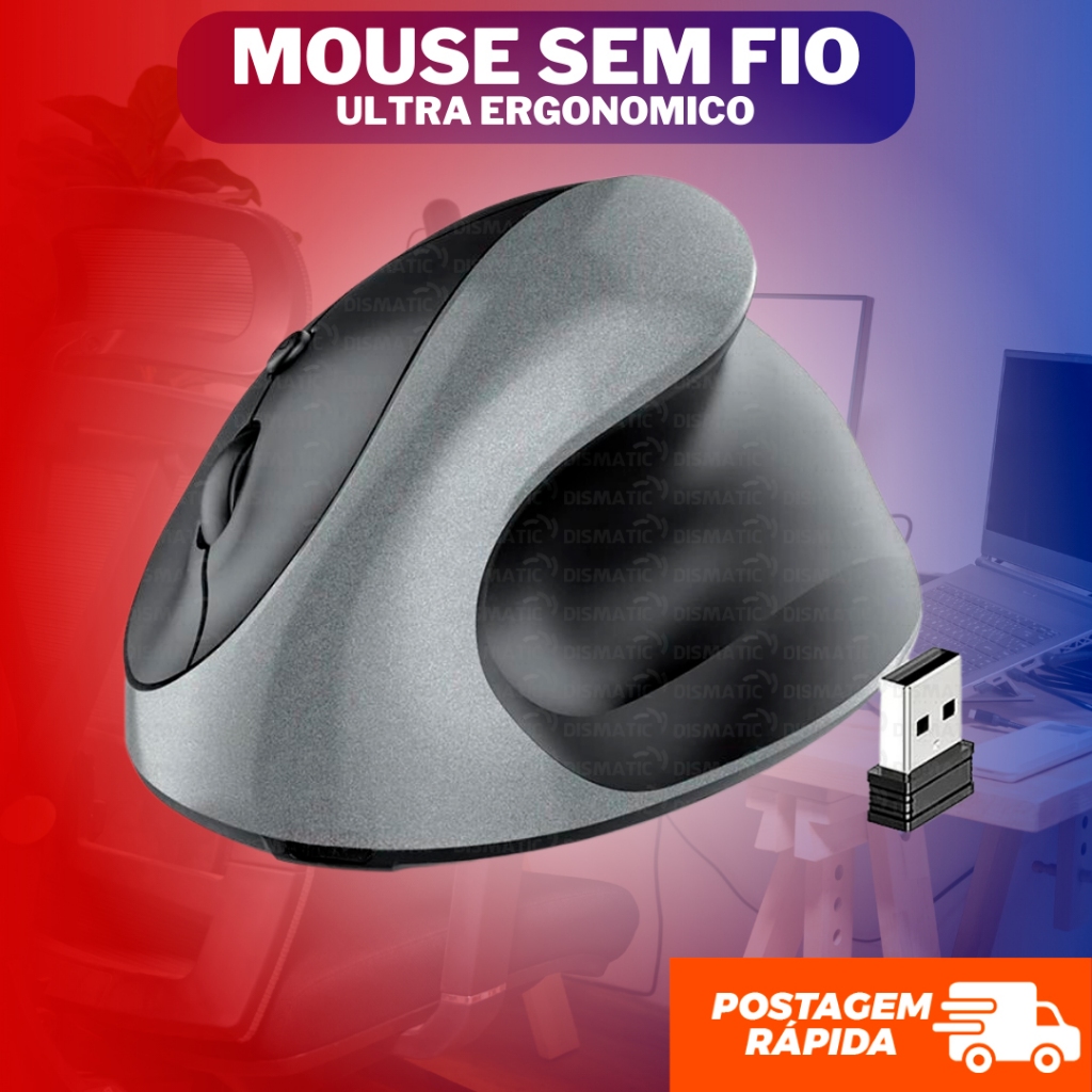 Mouse Vertical Sem Fio Ergônomico Previne Dores Reduzir Dor no Braço Anatômico Pc Notebook Óptico