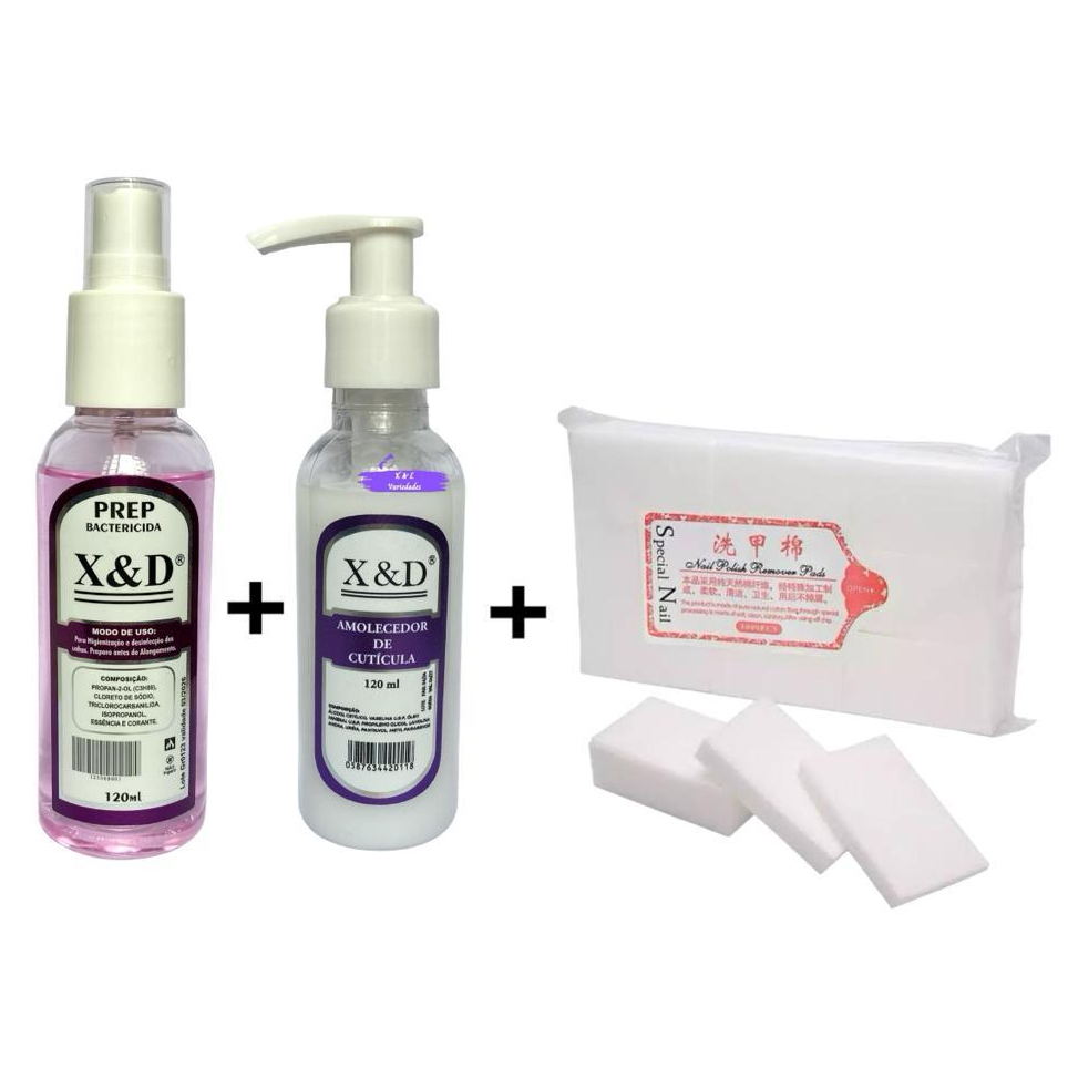 Prep X&D 120ml + Amolecedor de Cutícula X&D 120ml + Algodão Prensado Cuidados Com as Unhas