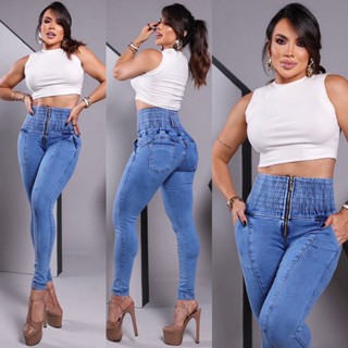 Calça Jeans Lipo Modeladora Com Cós Alto Ziper Empina Bumbum Strech Chapa Barriga Skinny Moda Balada