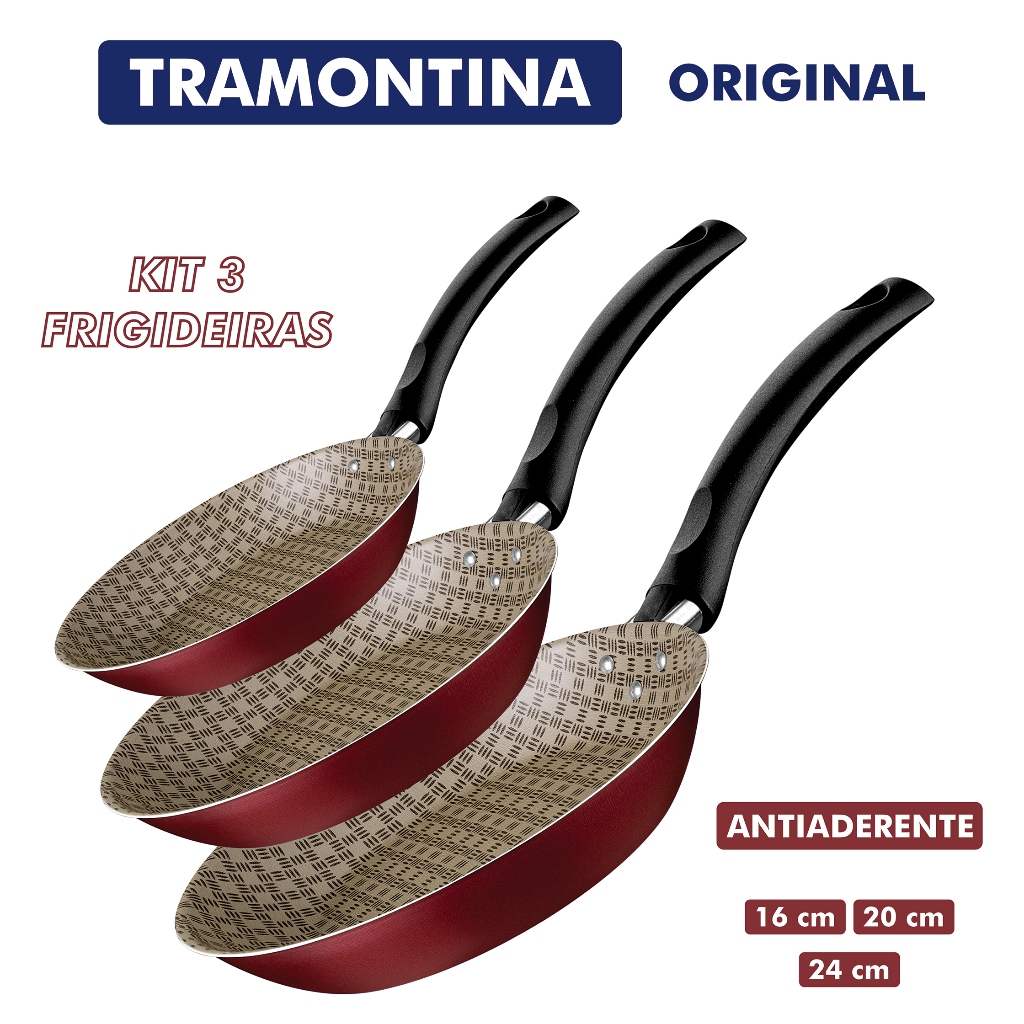 Kit 3 Frigideira Antiaderente 16 20 e 24 cm Tramontina Turim com Textura Paris Starflon Max Vermelha
