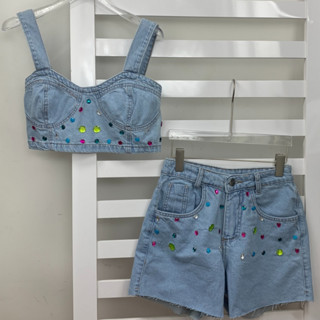 3016 conjunto jeans feminina com bordado com bolsa com brilho 3016