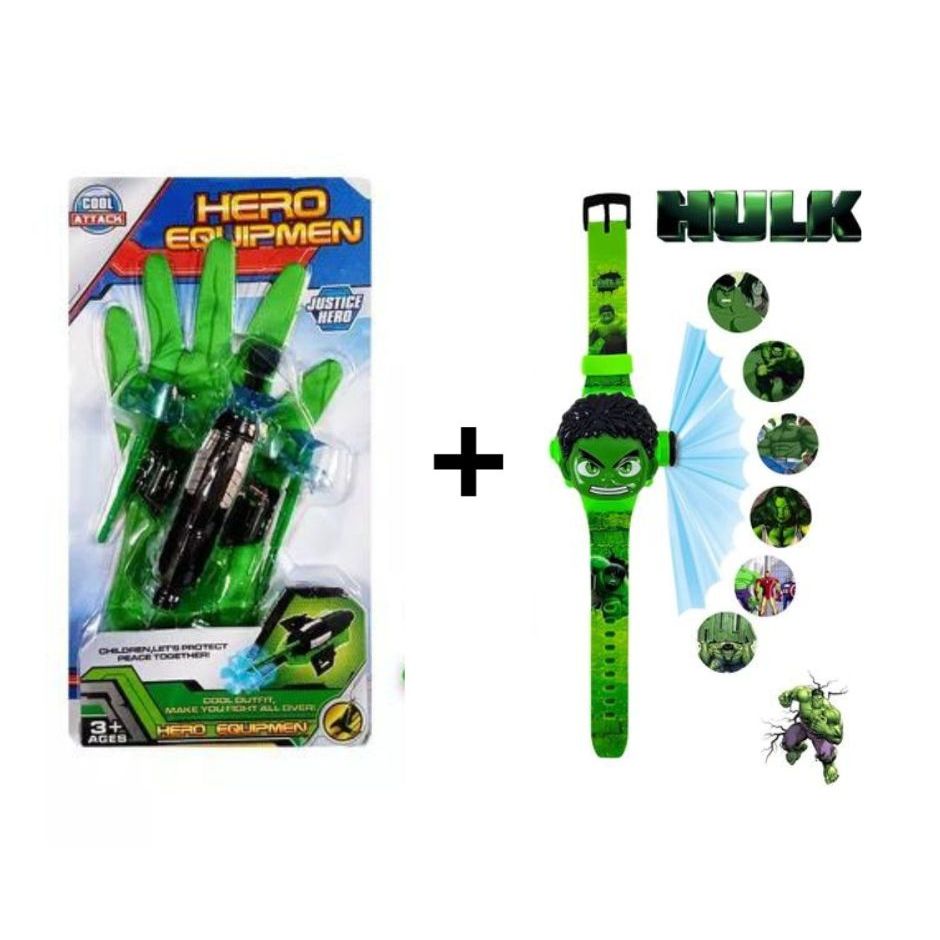 kit Hulk Luva Lança Dardos + Relógio Projetor de Imagens Brinquedo