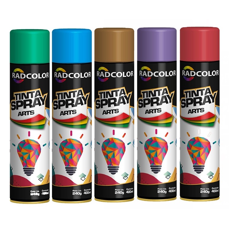TINTA SPRAY ARTS - RADCOLOR - 400 ML - Para pinturas artísticas no geral. vários tipos de superfícies, como gesso, metal, madeira, alvenaria, grafite, telas, entre outros. Possui alta qualidade em sua cobertura, rendimento e secagem rápida.