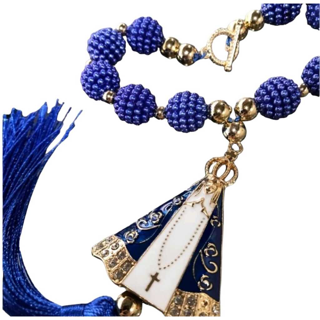 Terço Adorno Dezena Nossa Senhora Aparecida Strass Pérola Amora Azul Pêndulo P/ Porta, Automóvel, Retrovisor Carro, Parede