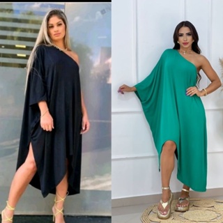 (02 ref.)Vestido feminino kafta Grécia,um ombro só  com fenda na lateral  gola manga em Oferta na Shopee