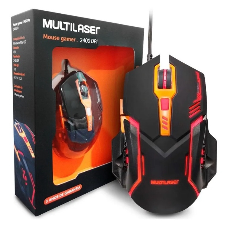 Mouse Gamer Multilaser 2400 DPI, 7 Botões, Led Decorativo, Barato - MO270