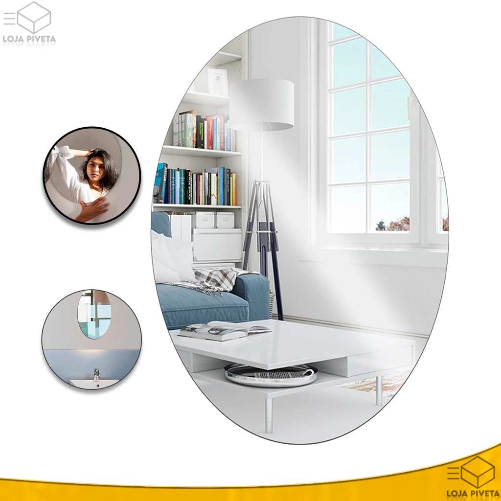Espelho Adesivo 40x30cm Oval Placa Acrílico Auto Colante Sala Banheiro Decorativo OFERTA