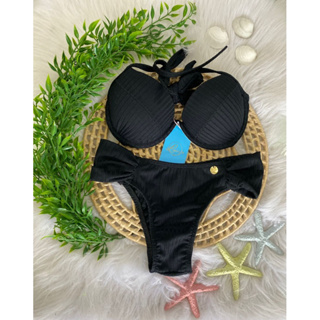 BIQUÍNI MEIA TAÇA CANELADO PRETO CALCINHA BORBOLETA em Oferta na Shopee