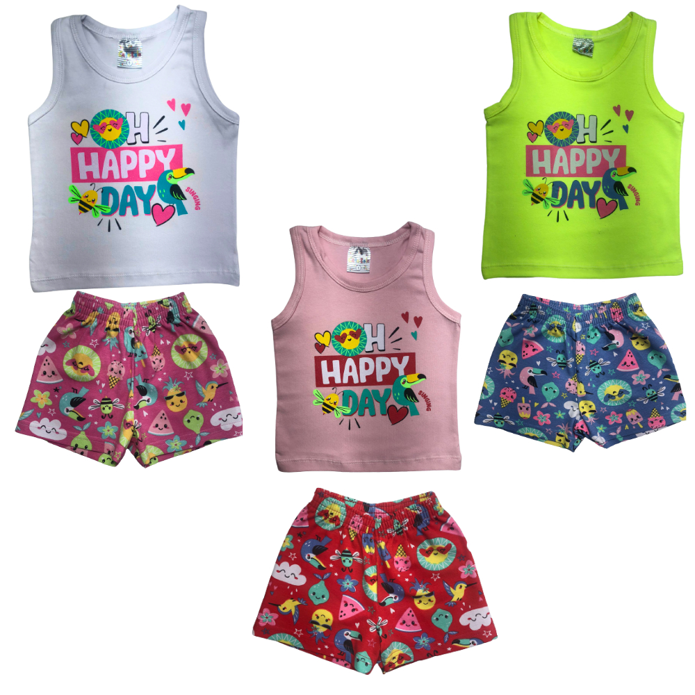Conjunto Shorts Regata Bebê Menina Estampado Short Infantil Cato Lele Regatinha Shortinho Tamanho 1 2 3 Conjuntinho Rosa Branco Verde Neon Bebe Feminino Ref 2240
