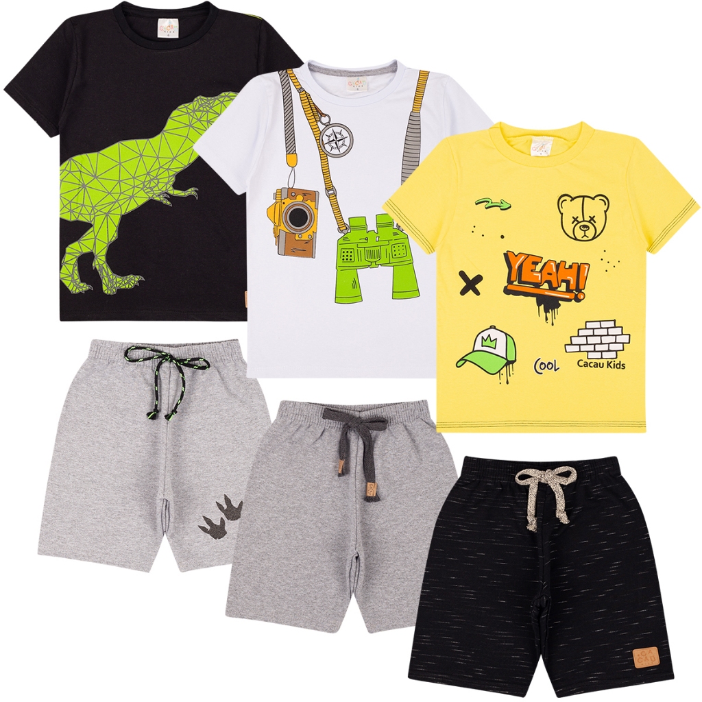 Roupa Infantil - Kit Sortido 6 Peças de Roupas Infantil Menino- 3 Camisetas + 3 Bermudas