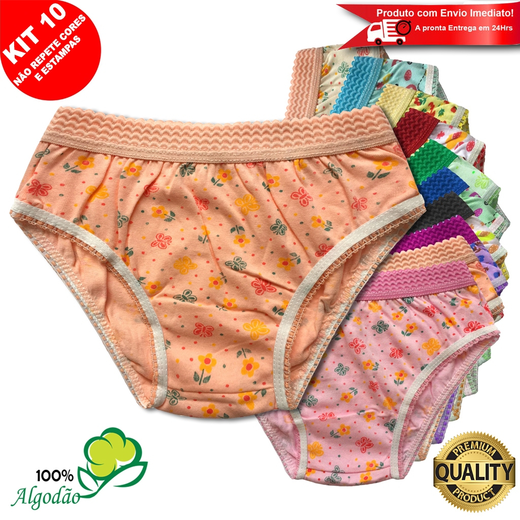 Kit 10 Calcinhas Infantil Algodão Estampada Cós Elástico Menina Confortável