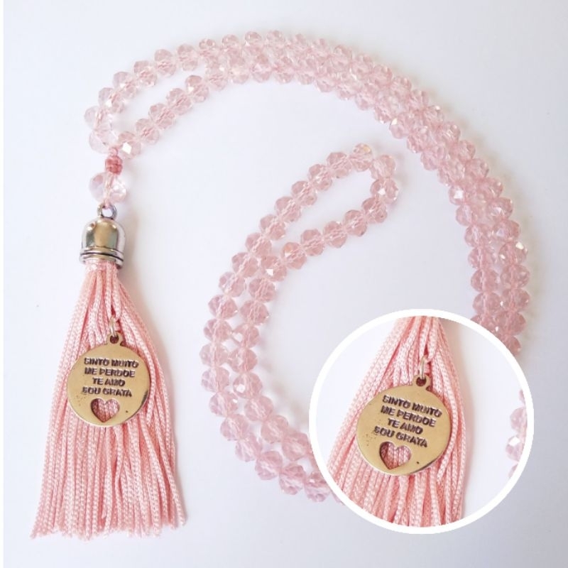 Imagem Japamala 108 Contas Cristal Rosa Claro Com Meru de Cristal Rosa 10 mm e Plaquinha "Sinto Muito" Rosário Budista Ref:317