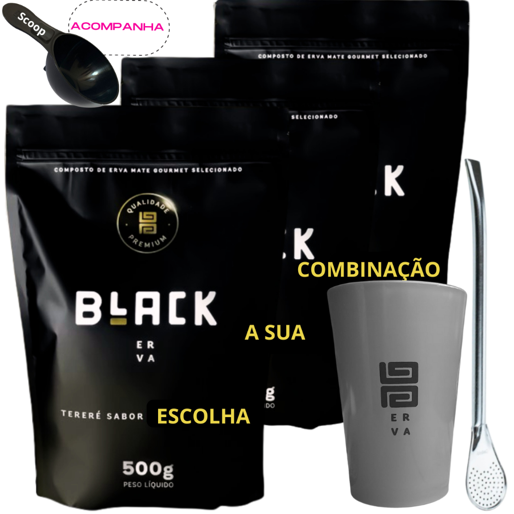 Kit Tereré 3 Pacotes Black Erva Mate Copo de Acrílico Cinza e Bomba Cromada Escolha Sua Combinação