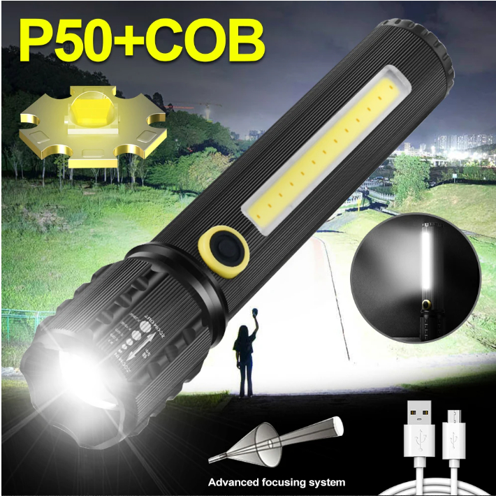 Lanterna Tática Militar Led P50 + Cob USB Recarregável Com Ajuste de Zoom Prova Dagua IP55