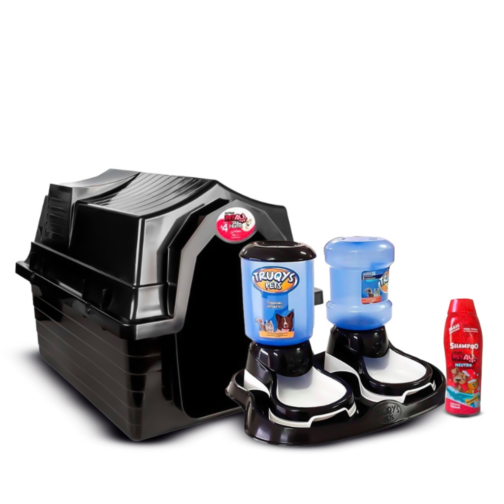 Casinha Cachorro N4 + Kit Bandeja Design + 1 Comedouro + 1 Bebedouro + Shampoo