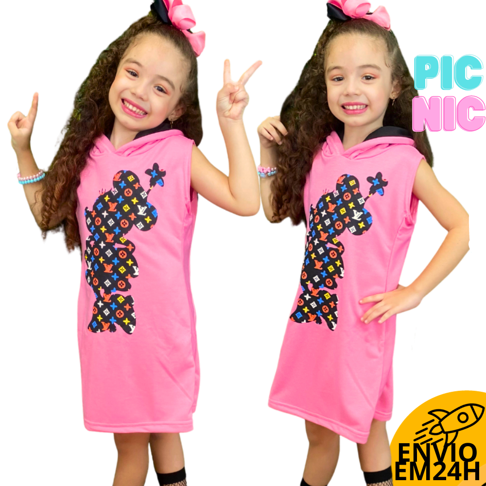 Vestido Criança Infantil Moletinho Quentinho Inverno Leve Capuz Minnie Mouse Rosa Bebê Disney Blogueirinha Infanto Juvenil Barato Pronta Entrega