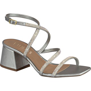 Sandália Feminina Confortável Salto Bloco Baixo Tiras Strass Brilho Cristal Macia Saltinho Comfort Moda Blogueira Fashion Festa Metalizado