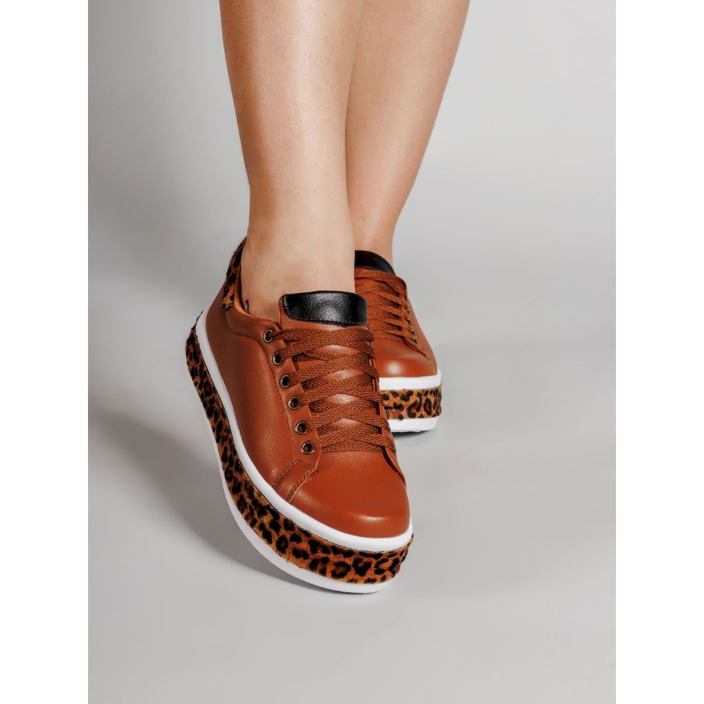 Tênis Csual Feminino Super Promoçao De Amarrar Caramelo Plataforma