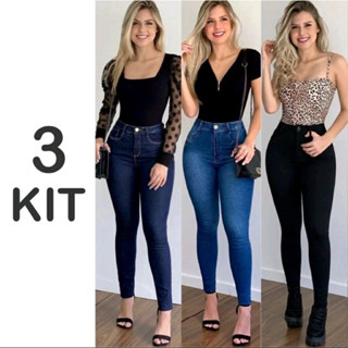Calça Jeans Skinny Cintura Alta Levanta Bumbum Elastano kit com 3 peças