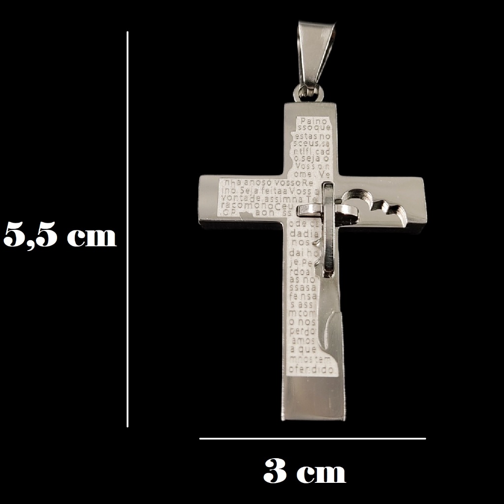Pingente Crucifixo Cruz em Prata 925 Legítima Pai Nosso Oração Alto Relevo