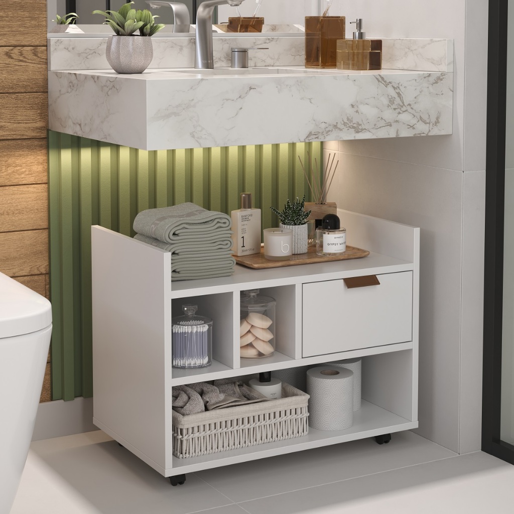 Gabinete Armário Para Banheiro organizador LUKE Com Uma Gaveta Nicho E Rodízios branco em Oferta na Shopee