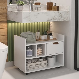Gabinete Armário Para Banheiro organizador LUKE Com Uma Gaveta Nicho E Rodízios branco
