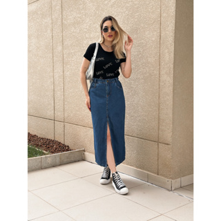 Saia jeans  cintura alta Fenda no meio, casual, elegante, simples e elegante, comprimento 90 cm em Oferta na Shopee