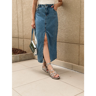 Saia jeans  cintura alta Fenda no meio, casual, elegante, simples e elegante,  sem lycra, comprimento 90  cm em Oferta na Shopee