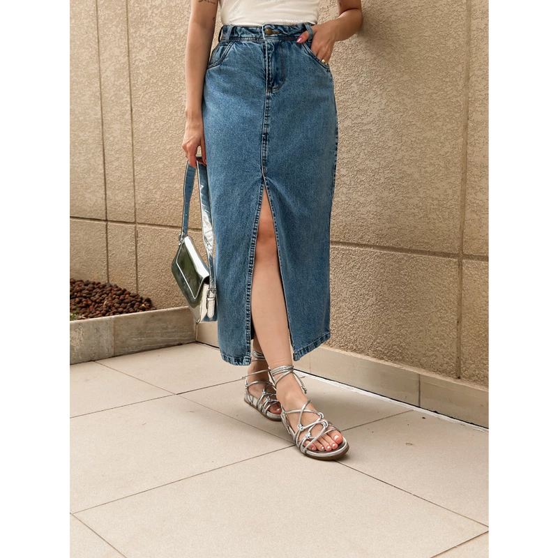 Saia jeans cintura alta Fenda no meio, casual, elegante, simples e elegante, sem lycra, comprimento 90 cm
