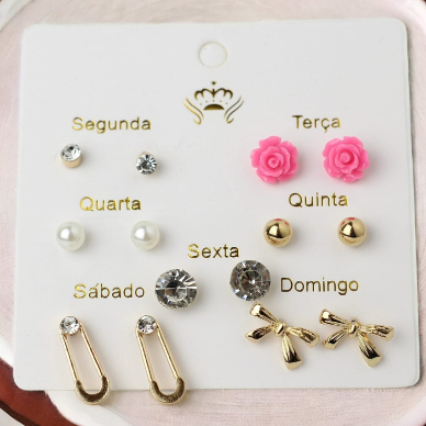 Kit Cartela com 7 Brincos Pequenos para Todos os Dias da Semana - Semaninha Brincos Delicados Bijuteria