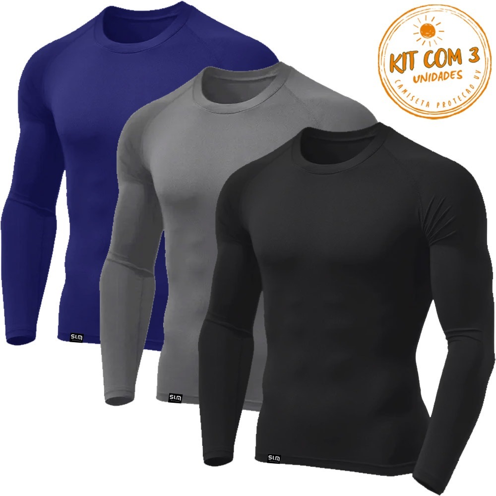 Kit com 3 Camisetas Masculinas Térmica Segunda Pele com Proteção UV Tecido Gelado Contra o...