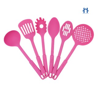 Conjunto Kit 6 Utensilios com Gancho de Cozinha de Nylon Colher Concha Escumadeira Espátula Pegadores Colorido Bela Casa Utilidades