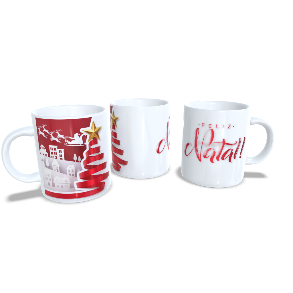 Caneca Cerâmica/Porcelana/Polímero 325ml - Natal - Feliz natal Presente Paisagens Paisagem Casa Casas Pinheirinho Pinheirinhos Pinheiro Arvore  Lembrancinha Papai Noel Frases de natal merry christmas
