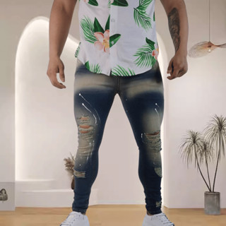 Calça Jeans Masculina Desbotada Destroyes Lavagen Escura Respingos Brancos CL-28