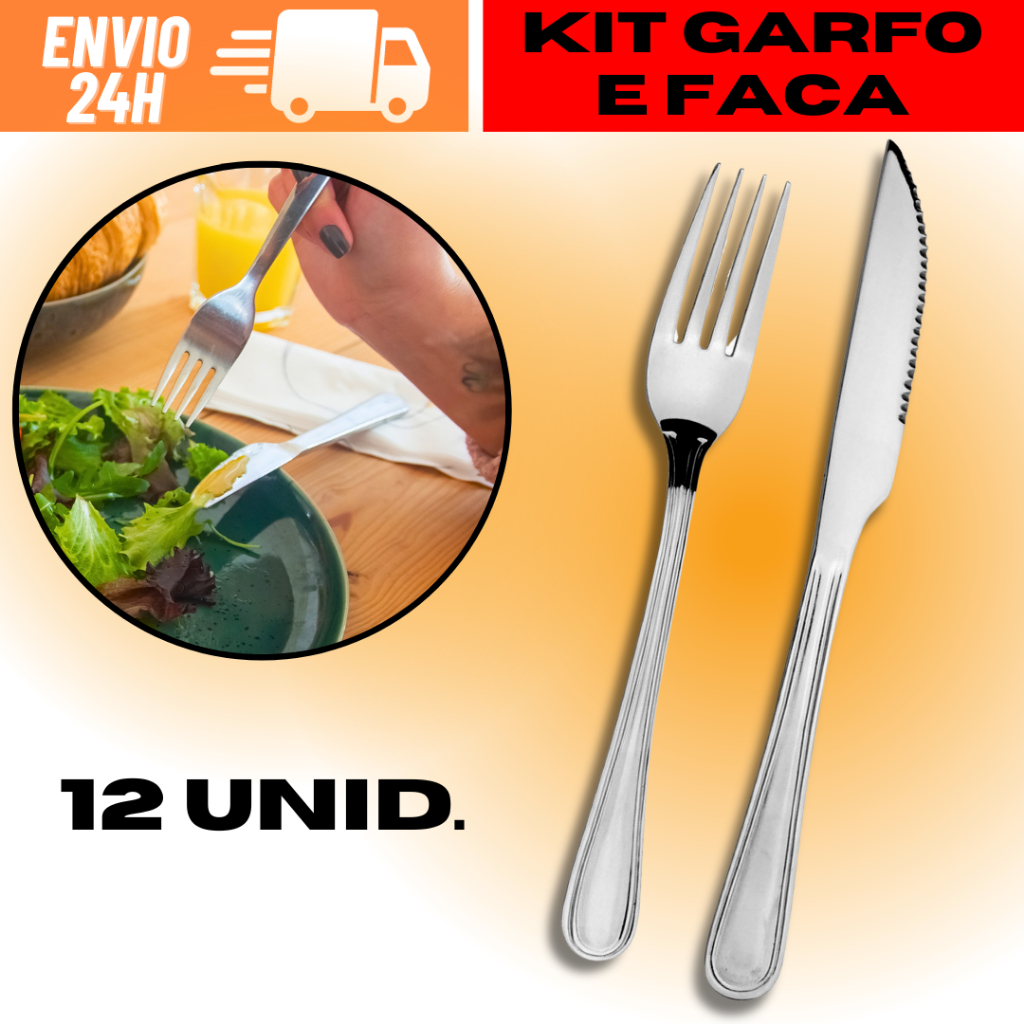 Kit Jogo Garfo e Faca 12 Peças Reforçado Aço Inox 6 Garfos 6 Facas Para Refeição Jogo De Jantar Para Restaurante Bar Buffet Jogo De Utensílios De Aço Inox Faqueiro 12 Unidades
