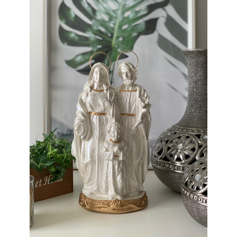 sagrada família 30cm resplendor aureola folheada imagem em pé branco perolado gesso em Oferta na Shopee