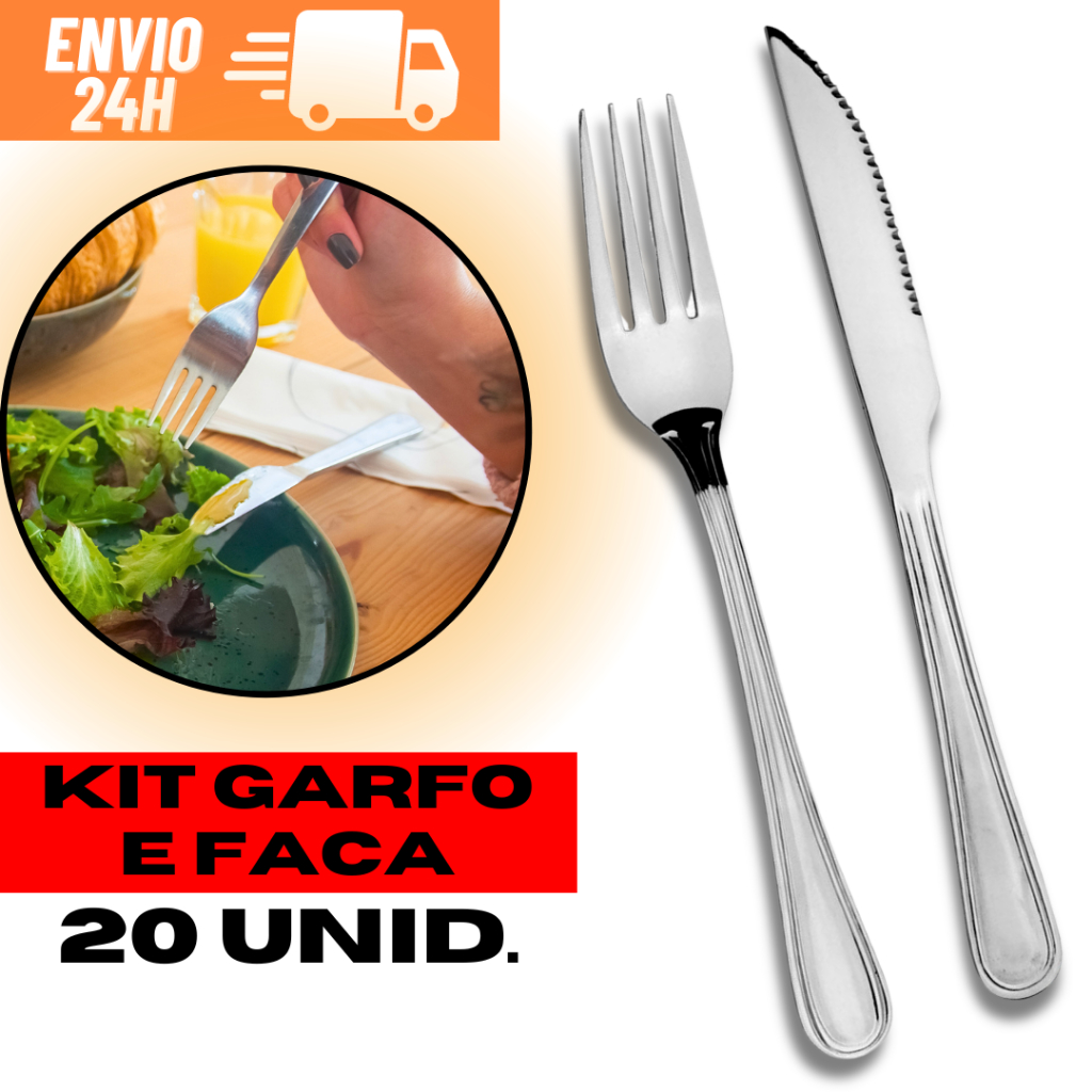 Kit Jogo Garfo e Faca 20 Peças Reforçado Aço Inox 10 Garfos 10 Facas Para Refeição Jogo De Utensílios Para Restaurante Bar Buffet Jogo De Jantar De Aço Inox Faqueiro 20 Unidades