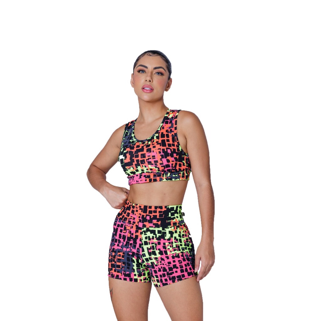 Conjunto Feminino Fitness Academia Top E Short Estampado Suplex Poliéster WOLFOX