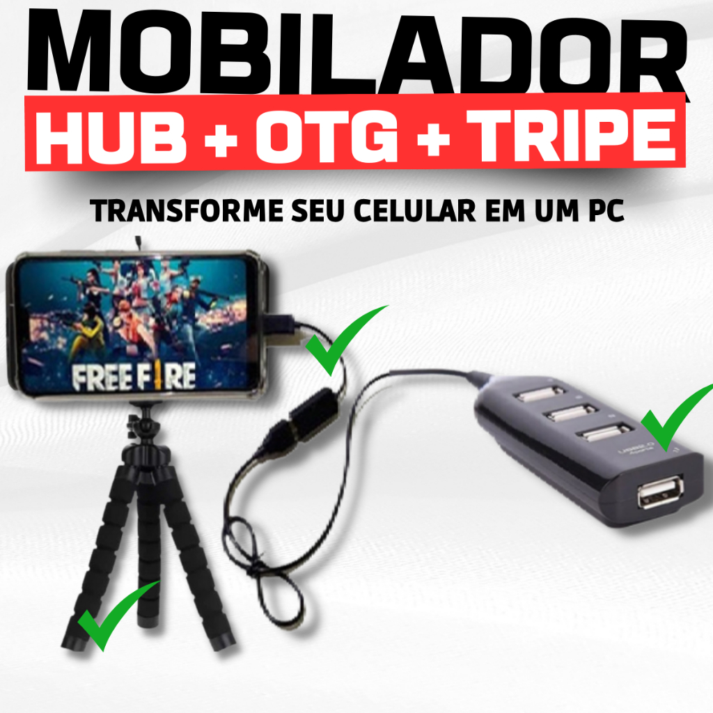 Hub Usb 4 Portas Lehmox + Cabo Otg Tipo-C / Micro Usb + Suporte Tripé Flexível Universal