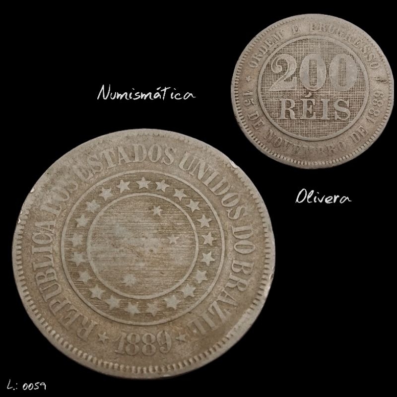 L.: 0222 - Moeda antiga Brasil 200 réis 1889.