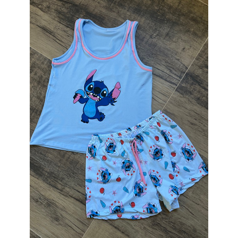 Pijama Infantil Juvenil Stich Lilo Baby Dool Short Feminino Regata verão outono de Malha Algodao Temático Flamengo Unicórnio Lhama Snoopy Batgirl Mulher Maravilha Mãe e Filha