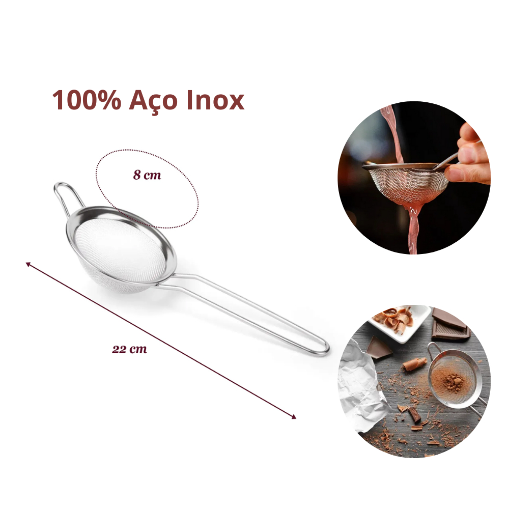 Peneira 8cm Aço Inox 22x8 Coador Polvilhar com Cabo Pequena Alça para Pendurar Resistente Multiuso Universal