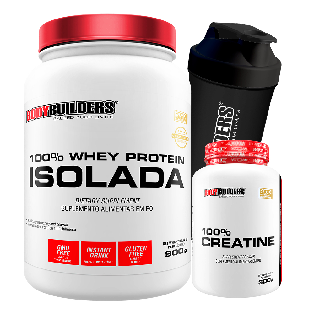 Kit Whey Protein 100% Isolado 900g + Creatina Monohidratada 100% Pura 300g + Coqueteleira - Bodybuilders