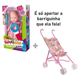 Boneca que fala Sapekinhas Primeiros Sons + carrinho de boneca passeio kit