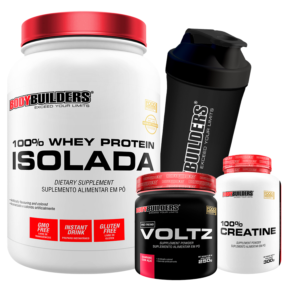 Kit Whey Protein 100% Isolado 900g + Creatina Monohidratada 100% Pura 300g + Pré Treino Voltz 250g + Coqueteleira - Bodybuilders