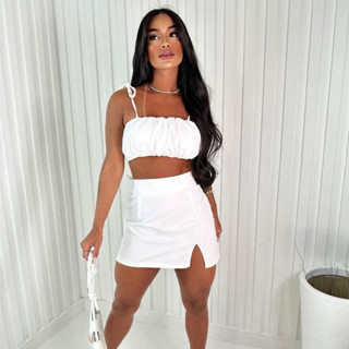 Conjunto Feminino alfaiataria saia+ cropped Conjunto Estiloso Linho