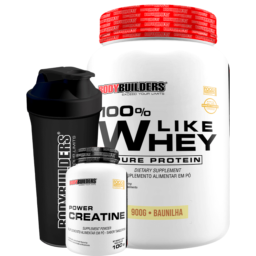 Kit Whey Protein 100% Like Whey 900g + Power Creatina 100g + Coqueteleira - Bodybuilders