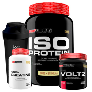 Kit Wey Protein Iso Protein 900g + Creatina 100% Pura 300g + Pré Treino Voltz 250g + Coqueteleira - Bodybuilders